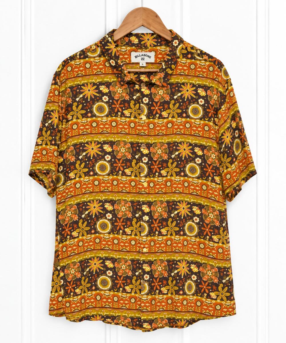 Earthbound Mens XXL Rayon Shirt Retro 70s Floral Boho Button Up Brown Orange